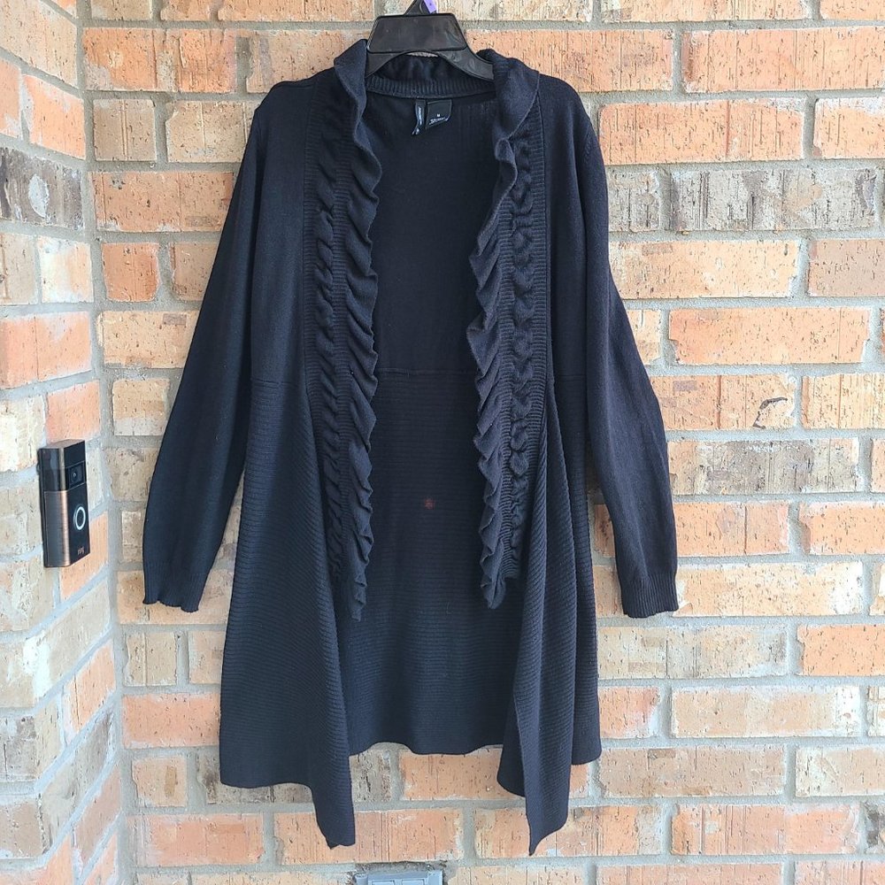 New Directions Womens Ruffle Cascading Open Front Knit Cardigan Black Size M